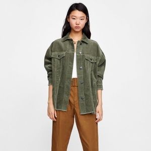 Zara Green Corduroy Shirt Jacket (Shacket), Size S